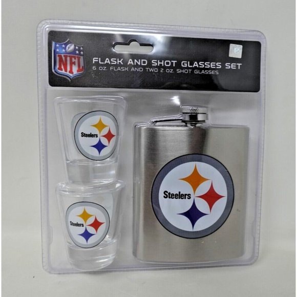 NFL Pittsburgh Steelers 6oz Flask  & 2oz Glass Shot, Stainless Steel - Picture 6 of 6